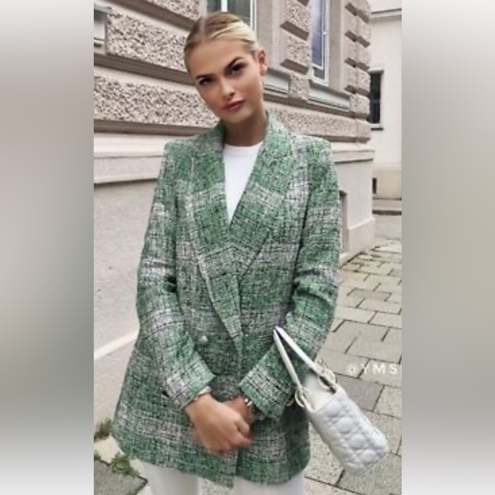 Zara Green Tweed Double-Breasted Blazer